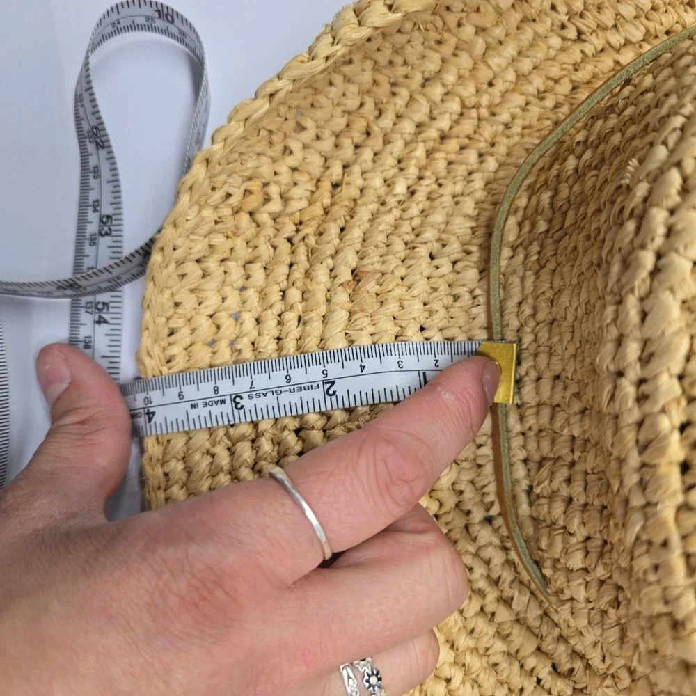 Handmade Natural Raffia Straw Sun Hat Tan Wide Brim Chin Strap Boho Summer